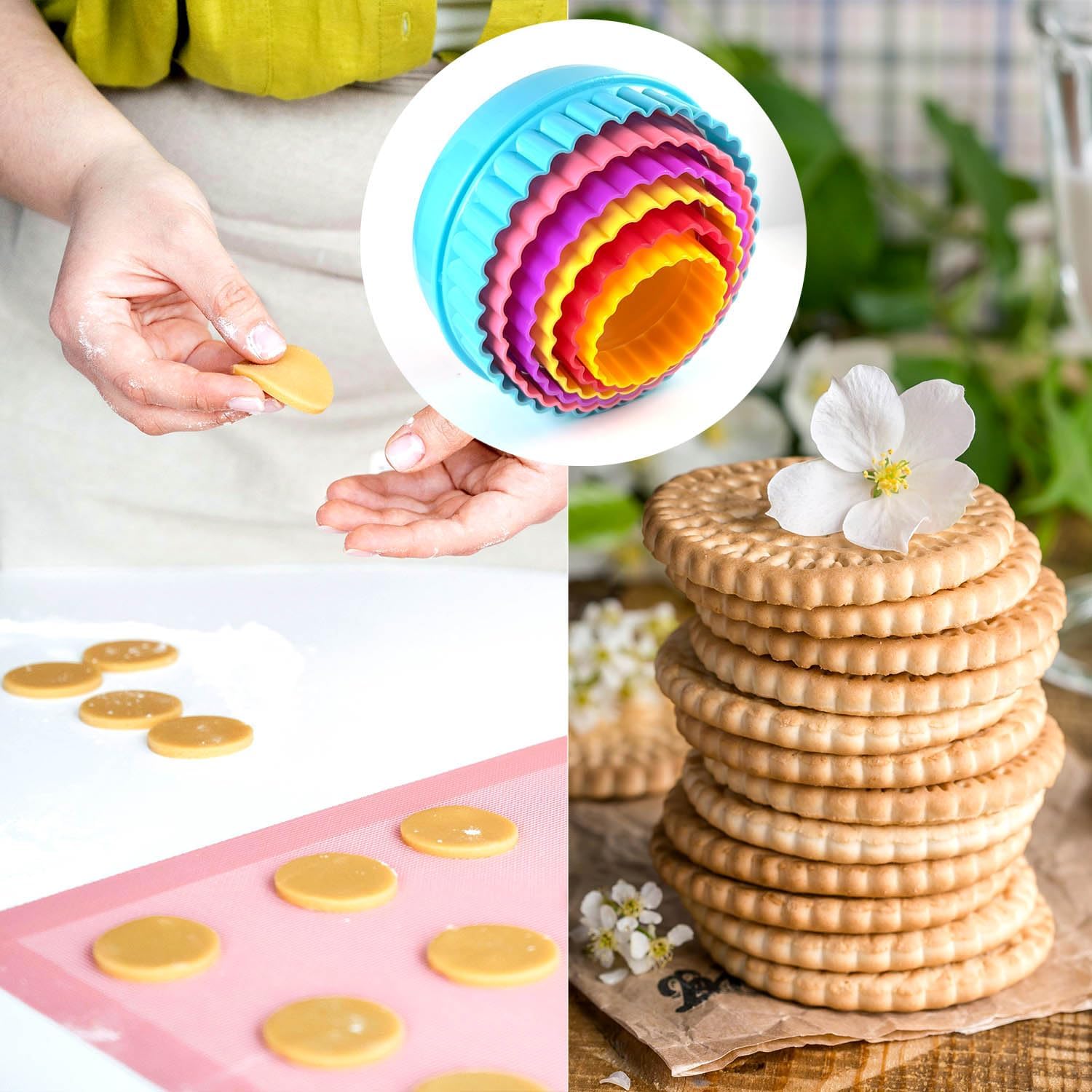 Cookie Biscuit Cutter Set, Two Side Cookie Cutters Plastic Set Multi-size Cake Fruit Vegetable Shapes Cutter Random color Round Shaped, 6 Pack