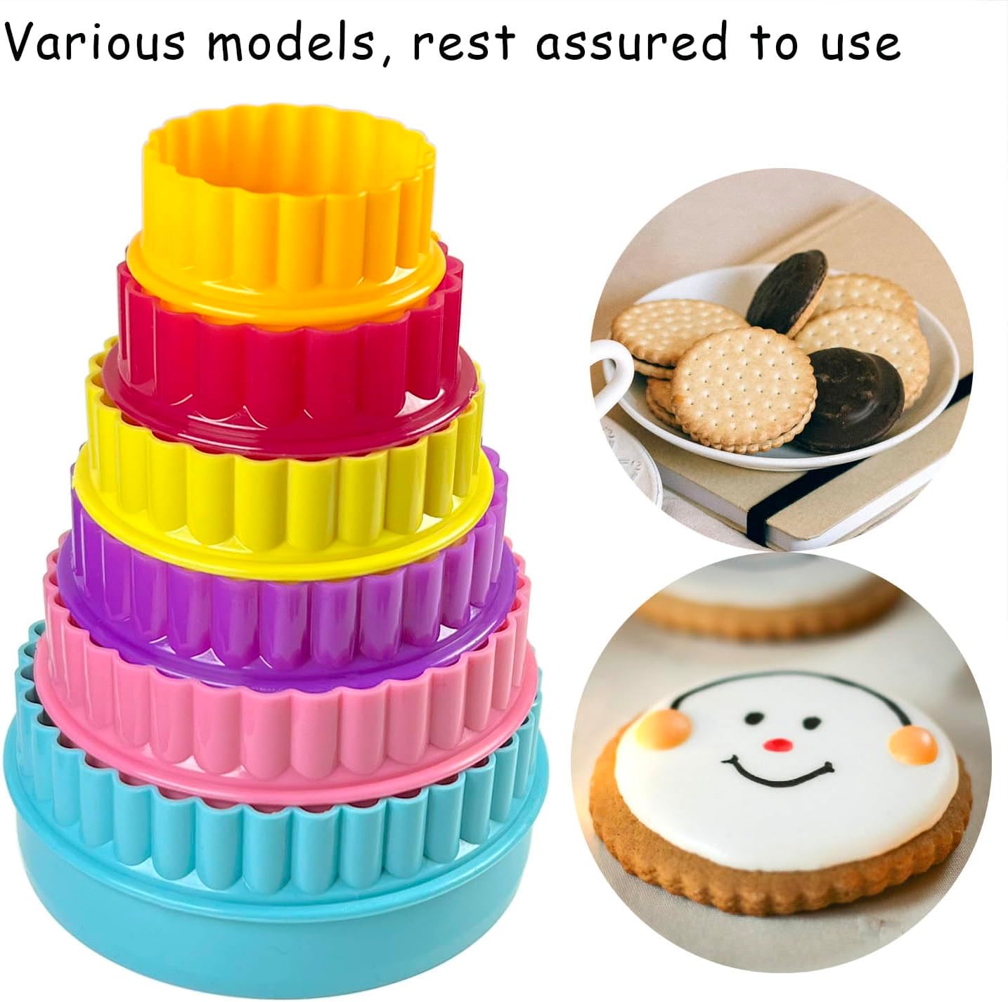 Cookie Biscuit Cutter Set, Two Side Cookie Cutters Plastic Set Multi-size Cake Fruit Vegetable Shapes Cutter Random color Round Shaped, 6 Pack