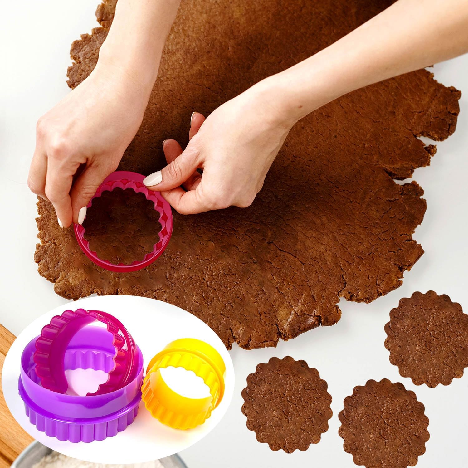 Cookie Biscuit Cutter Set, Two Side Cookie Cutters Plastic Set Multi-size Cake Fruit Vegetable Shapes Cutter Random color Round Shaped, 6 Pack