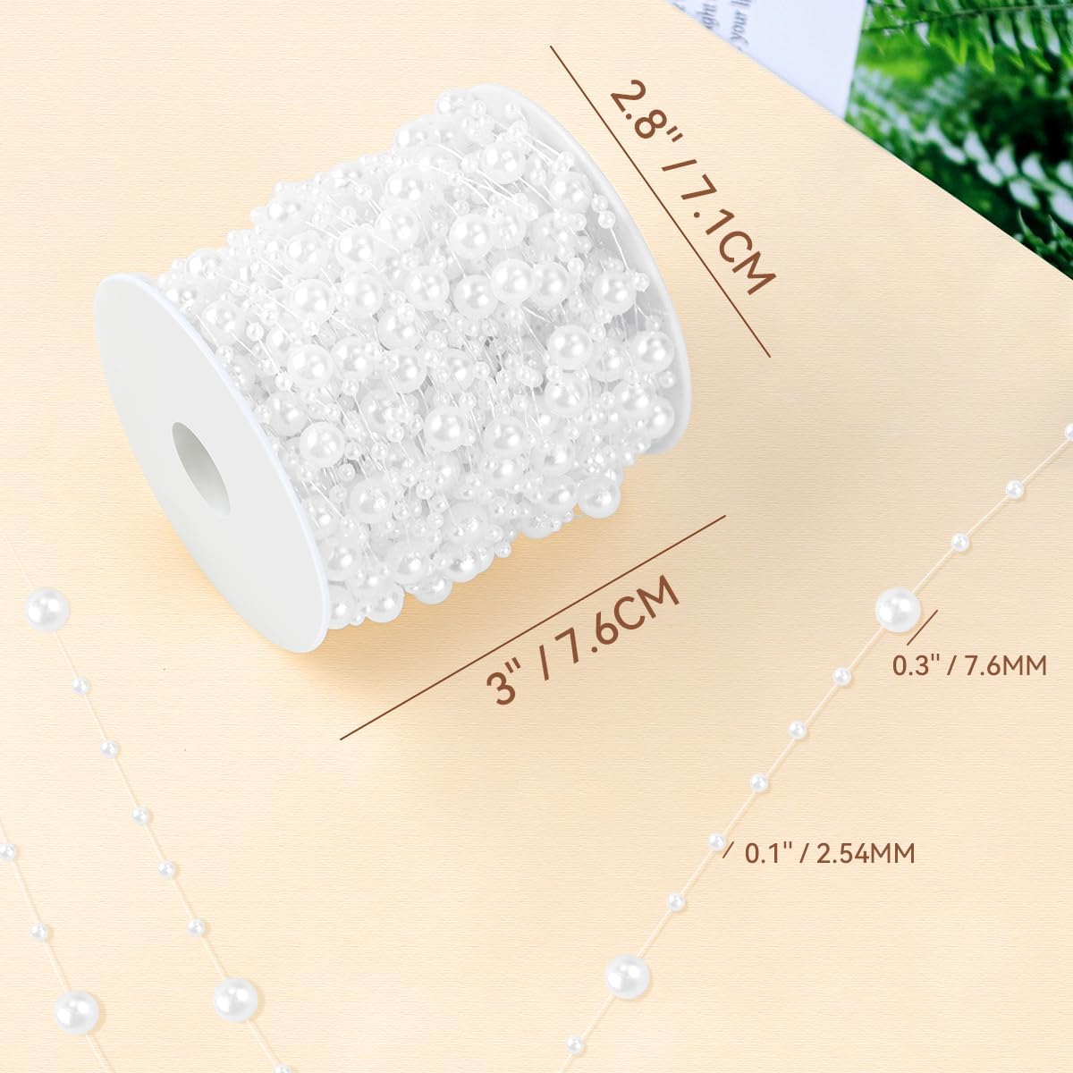 100 Feet Faux Pearls String Beads Fishing Line Artificial Decoration Pearl Strand Roll Beaded for Wedding Valentine Decoration DIY Accessories Party Supplies White