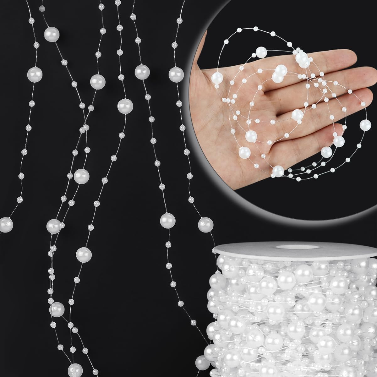 100 Feet Faux Pearls String Beads Fishing Line Artificial Decoration Pearl Strand Roll Beaded for Wedding Valentine Decoration DIY Accessories Party Supplies White