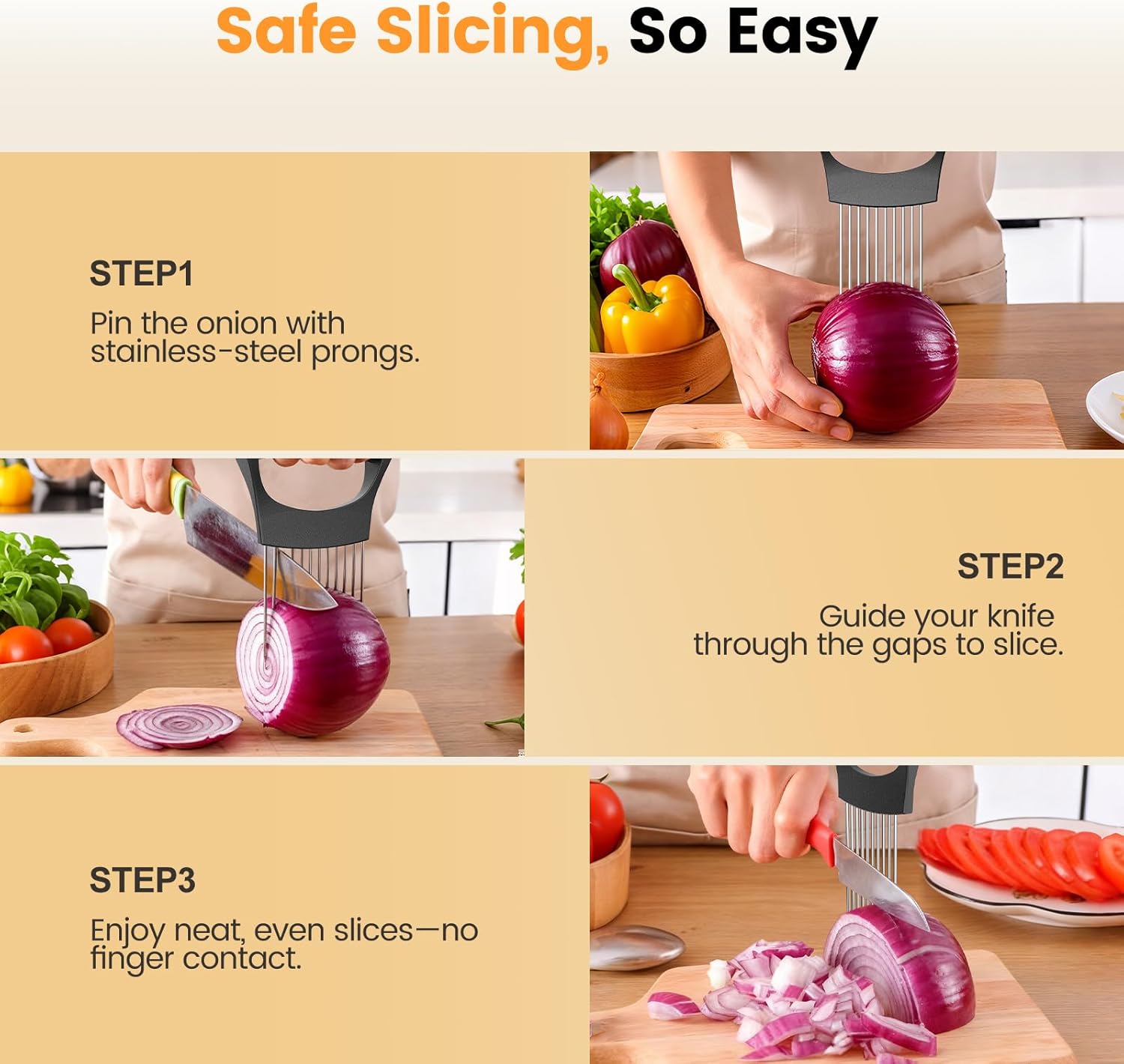 Onion Holder for Slicing, 304 Stainless Steel Onion Slicer Holder, Tomato & Vegetable Cutter, Fruit Slicer & Meat Tenderizer, Ergonomic Kitchen Gadget for Safe, Even & Odor-Free Cutting, Home Cooking