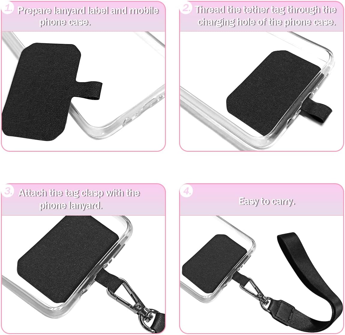 5 Pack Phone Tether Tab Cell Phone lanyard pad, Universal Phone Tether Tab Phone Lanyard Replacement Part Compatible with Most Smartphones Black