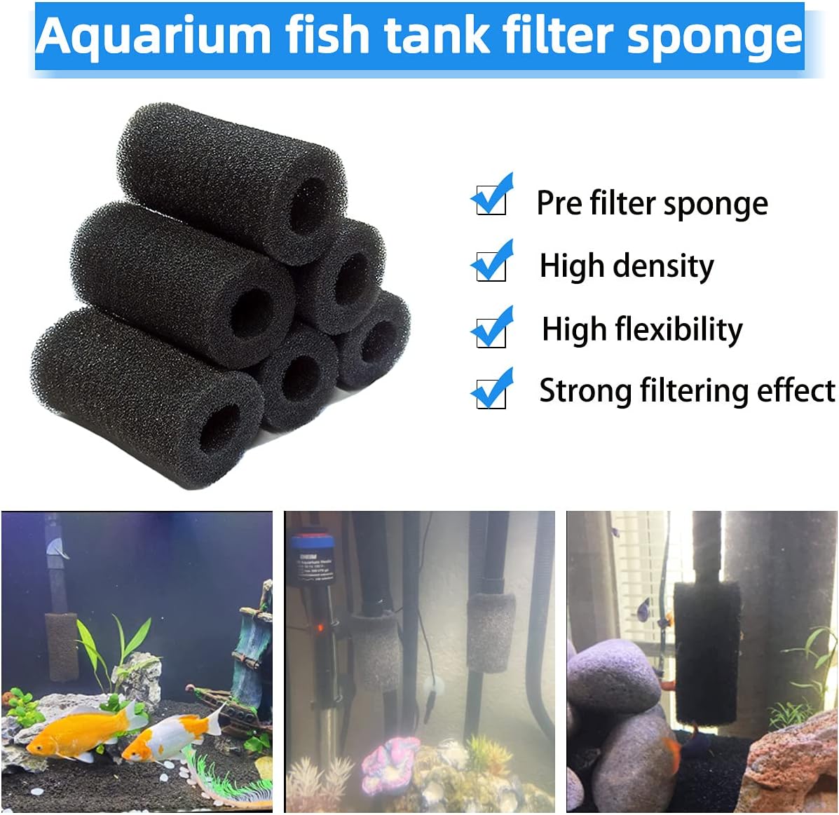 6pcs Pre-Filter Sponge, Pre Filter Foam Sponge Roll for Aquarium Fish Tank 6 x 3.5cm /2.4x1.4 inch