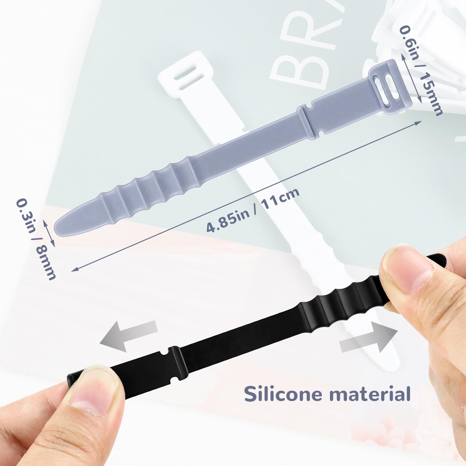30Pcs Silicone Zip Ties Rubber Cable Ties 4.5 inch Reusable Zip Ties Elastic Cable Organizer for Wire Management Grey, White, Black
