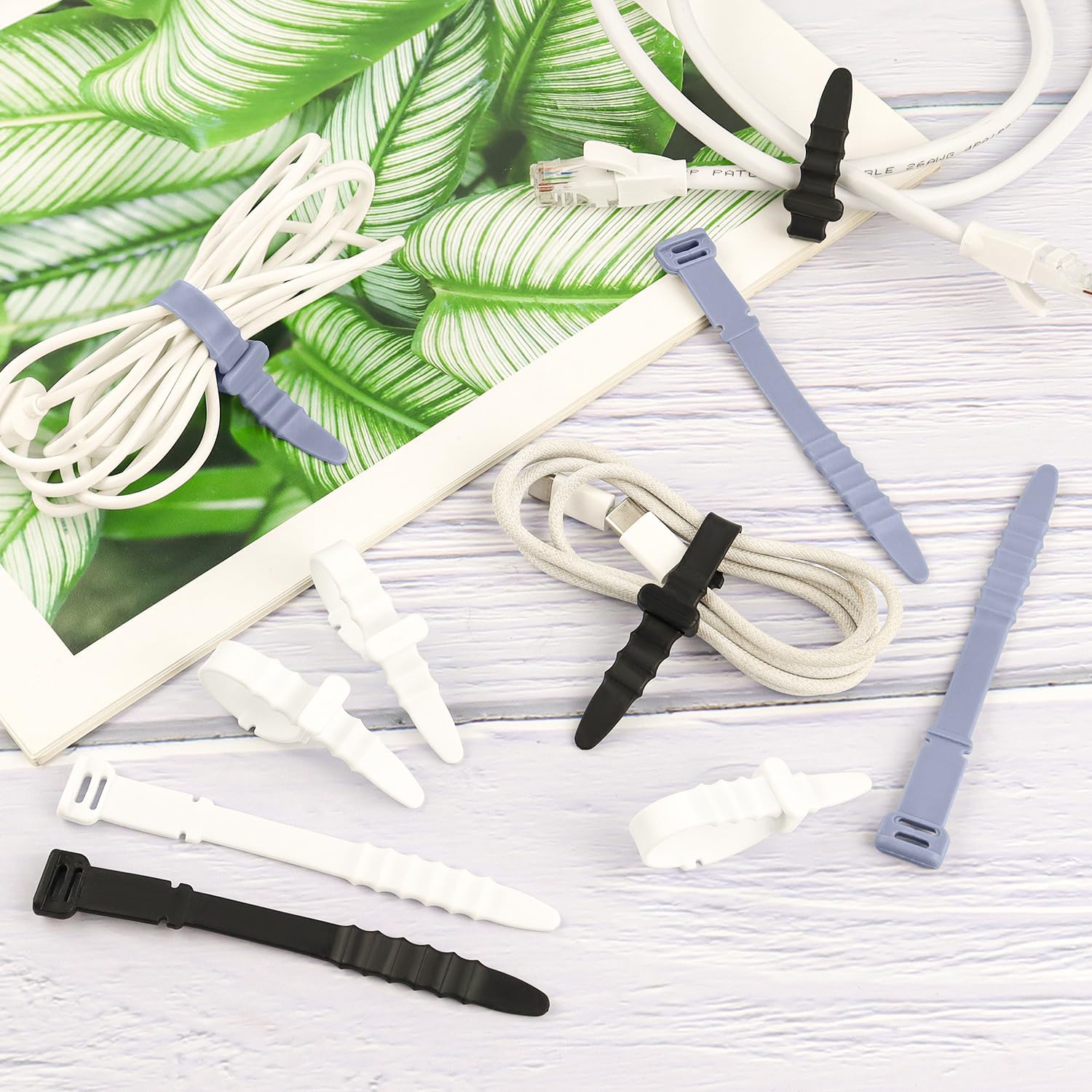 30Pcs Silicone Zip Ties Rubber Cable Ties 4.5 inch Reusable Zip Ties Elastic Cable Organizer for Wire Management Grey, White, Black