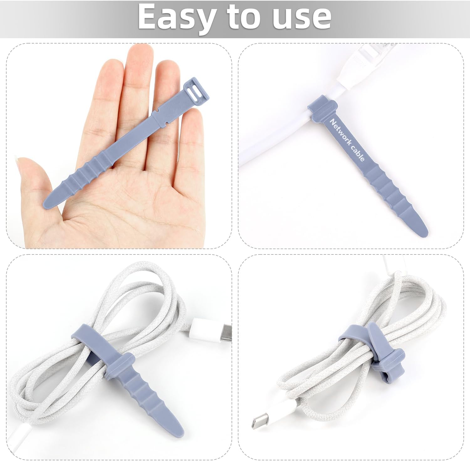 30Pcs Silicone Zip Ties Rubber Cable Ties 4.5 inch Reusable Zip Ties Elastic Cable Organizer for Wire Management Grey, White, Black