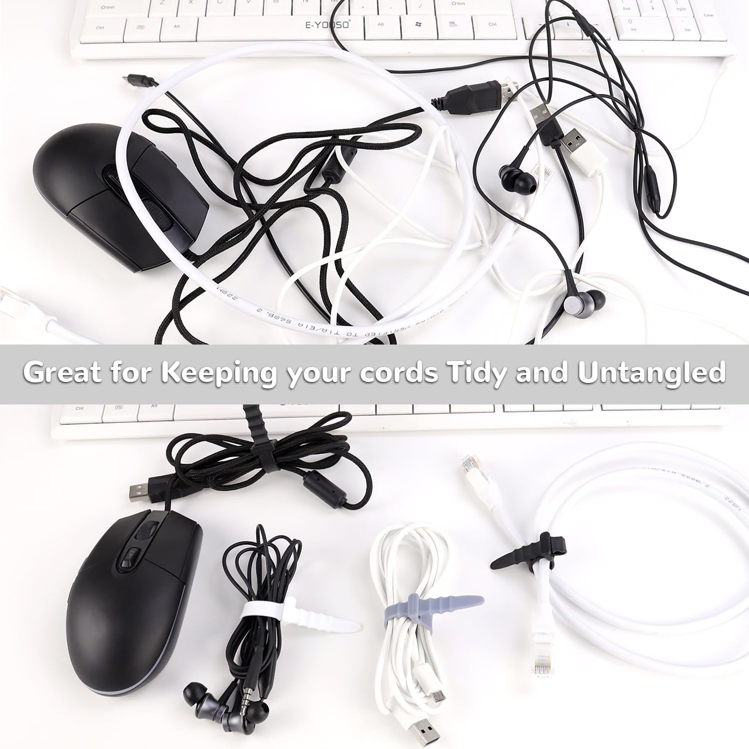 30Pcs Silicone Zip Ties Rubber Cable Ties 4.5 inch Reusable Zip Ties Elastic Cable Organizer for Wire Management Grey, White, Black
