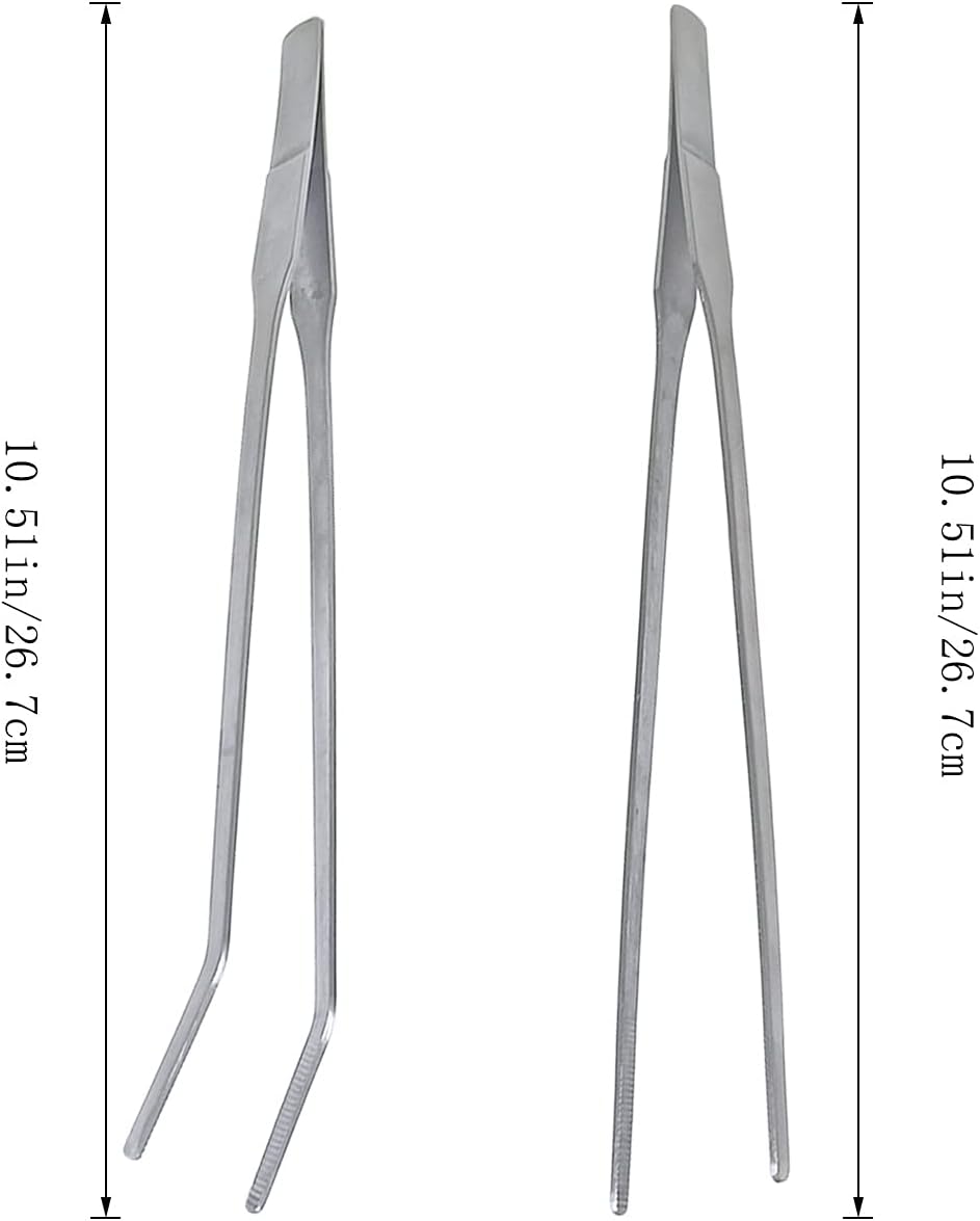 2 Pcs Feeding Tongs, Aquarium Tweezers Stainless Steel Straight and Curved Tweezers Set 27cm/10.6 inches Aquascaping Tools for Hold Worms, Reptiles, Lizards, Bearded Dragon Silver