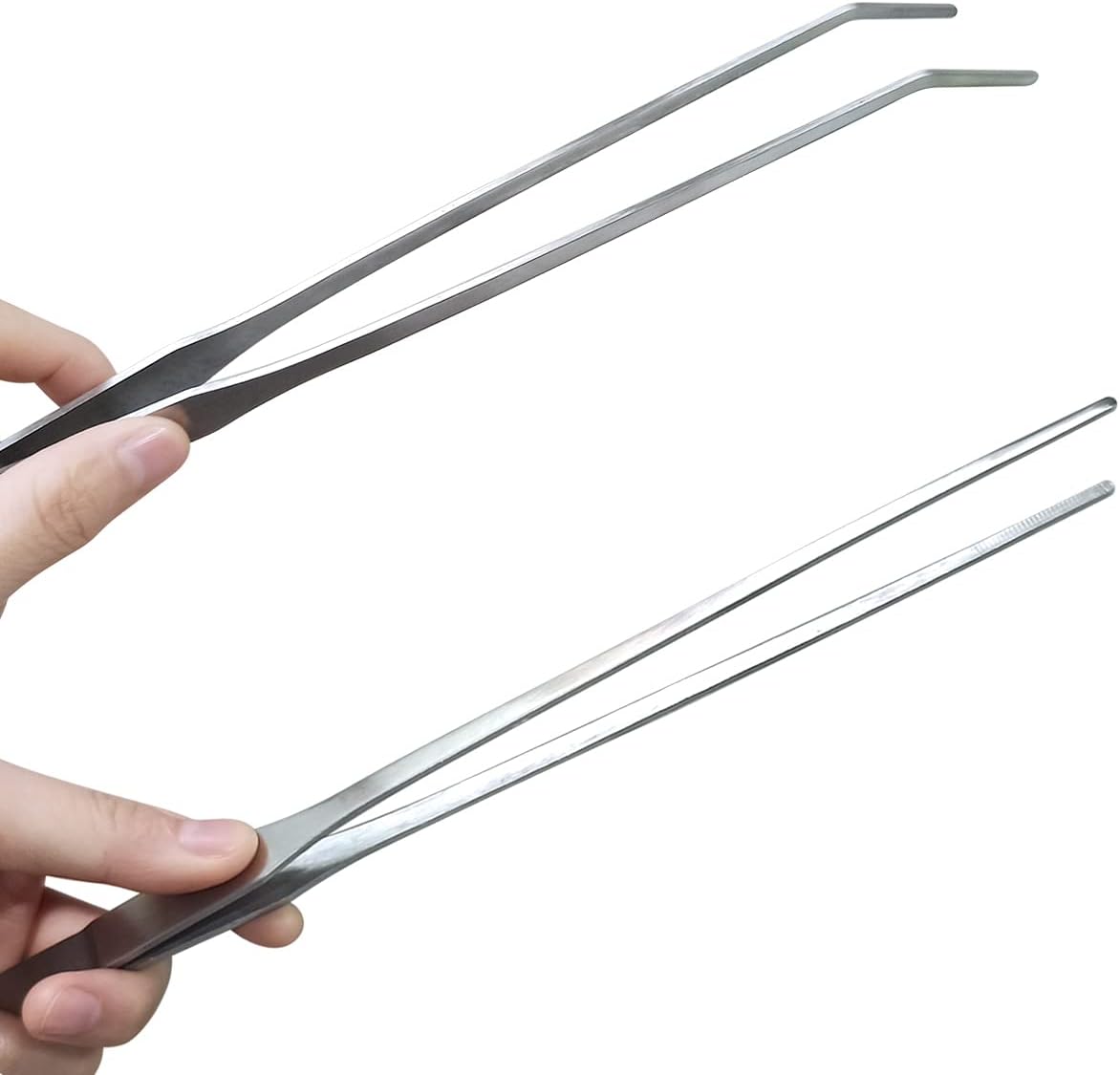 2 Pcs Feeding Tongs, Aquarium Tweezers Stainless Steel Straight and Curved Tweezers Set 27cm/10.6 inches Aquascaping Tools for Hold Worms, Reptiles, Lizards, Bearded Dragon Silver