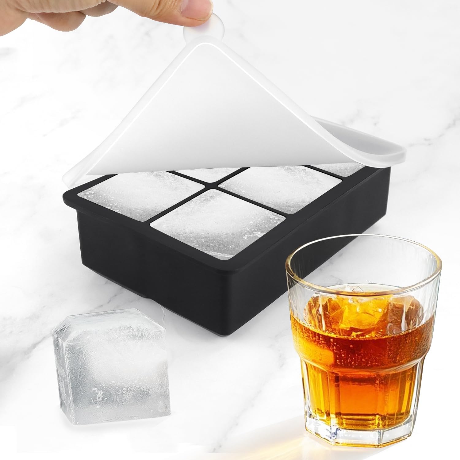 Large Ice Cube Tray with Lids, Big Square Silicone Freezer Mold, 2inch Huge Cubed Ice Maker for Whiskey, Cocktail, Freezing Broth, Rice, Leftovers and More 1-Pack 6 Cavities