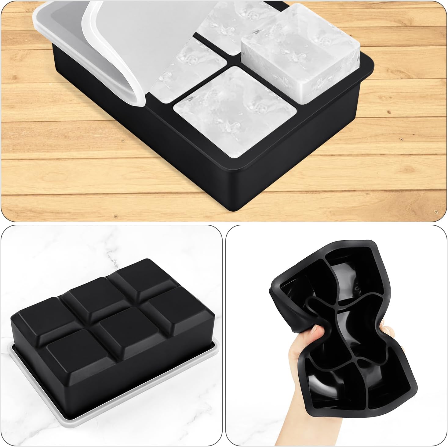 Large Ice Cube Tray with Lids, Big Square Silicone Freezer Mold, 2inch Huge Cubed Ice Maker for Whiskey, Cocktail, Freezing Broth, Rice, Leftovers and More 1-Pack 6 Cavities