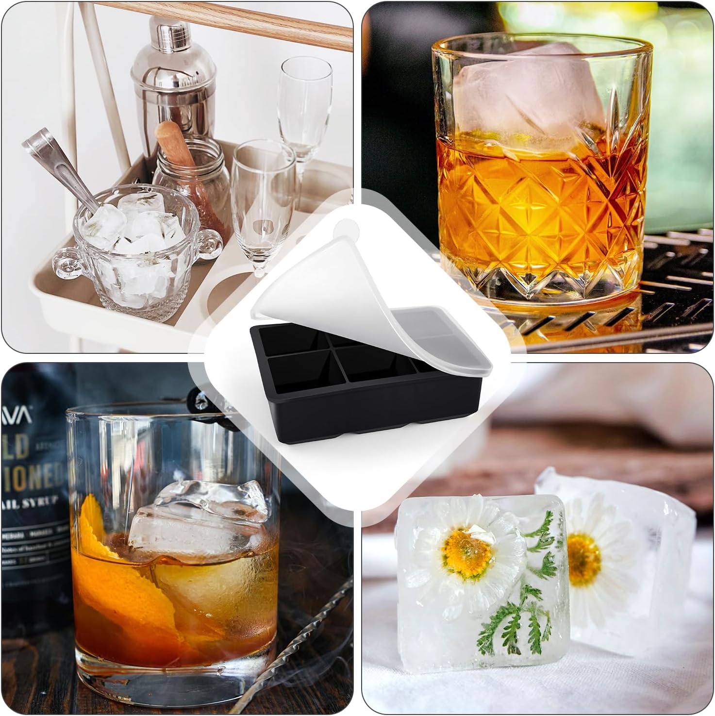 Large Ice Cube Tray with Lids, Big Square Silicone Freezer Mold, 2inch Huge Cubed Ice Maker for Whiskey, Cocktail, Freezing Broth, Rice, Leftovers and More 1-Pack 6 Cavities