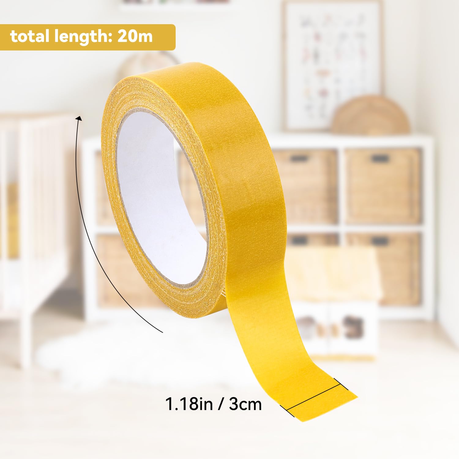 1 Pack Double Sided Fabric Tape Heavy Duty Gauze Tape Fabric Tape High Stickness Mounting Tape for Carpets, Pictures, Posters, Frames 3CM/1.18Inch x 20M/66FT