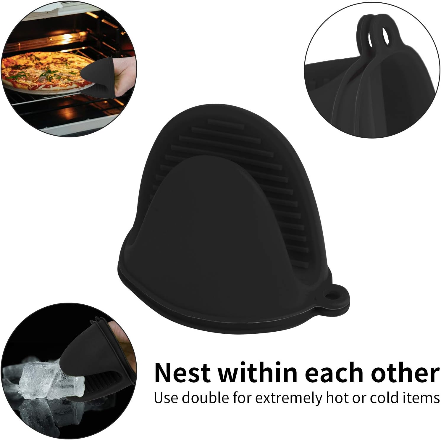 Silicone Oven Mitts Pot Holders Sets for Kitchen Heat Resistant Small Kitchen Mittens Rubber Air Fryer Mitts Mini Pot Pinch Grip for Cooking and Baking 1 Pair Black