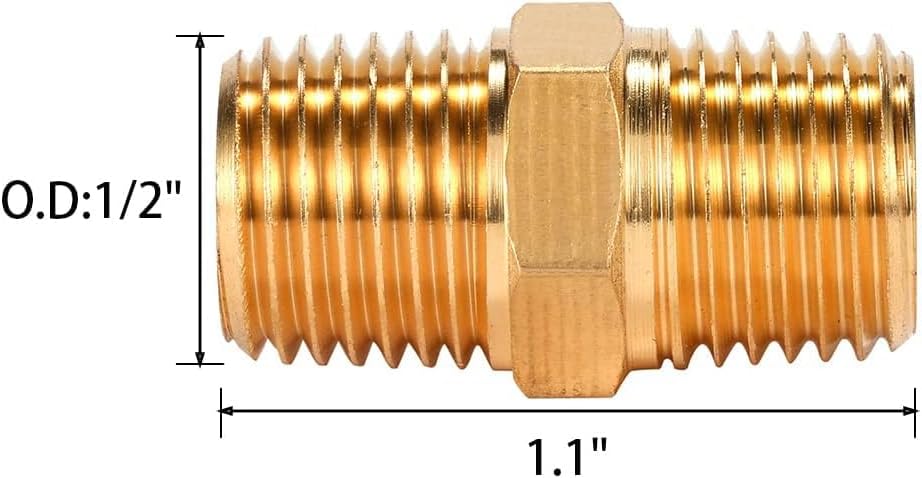 4 pcs Solid Brass Pipe Fitting, Hex Nipple, 1/4" x 1/4" NPT Male Pipe Adapter O.D x O.D: 1/2'' x 1/2''