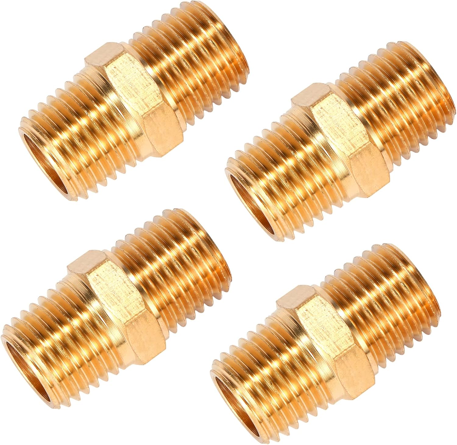 4 pcs Solid Brass Pipe Fitting, Hex Nipple, 1/4" x 1/4" NPT Male Pipe Adapter O.D x O.D: 1/2'' x 1/2''