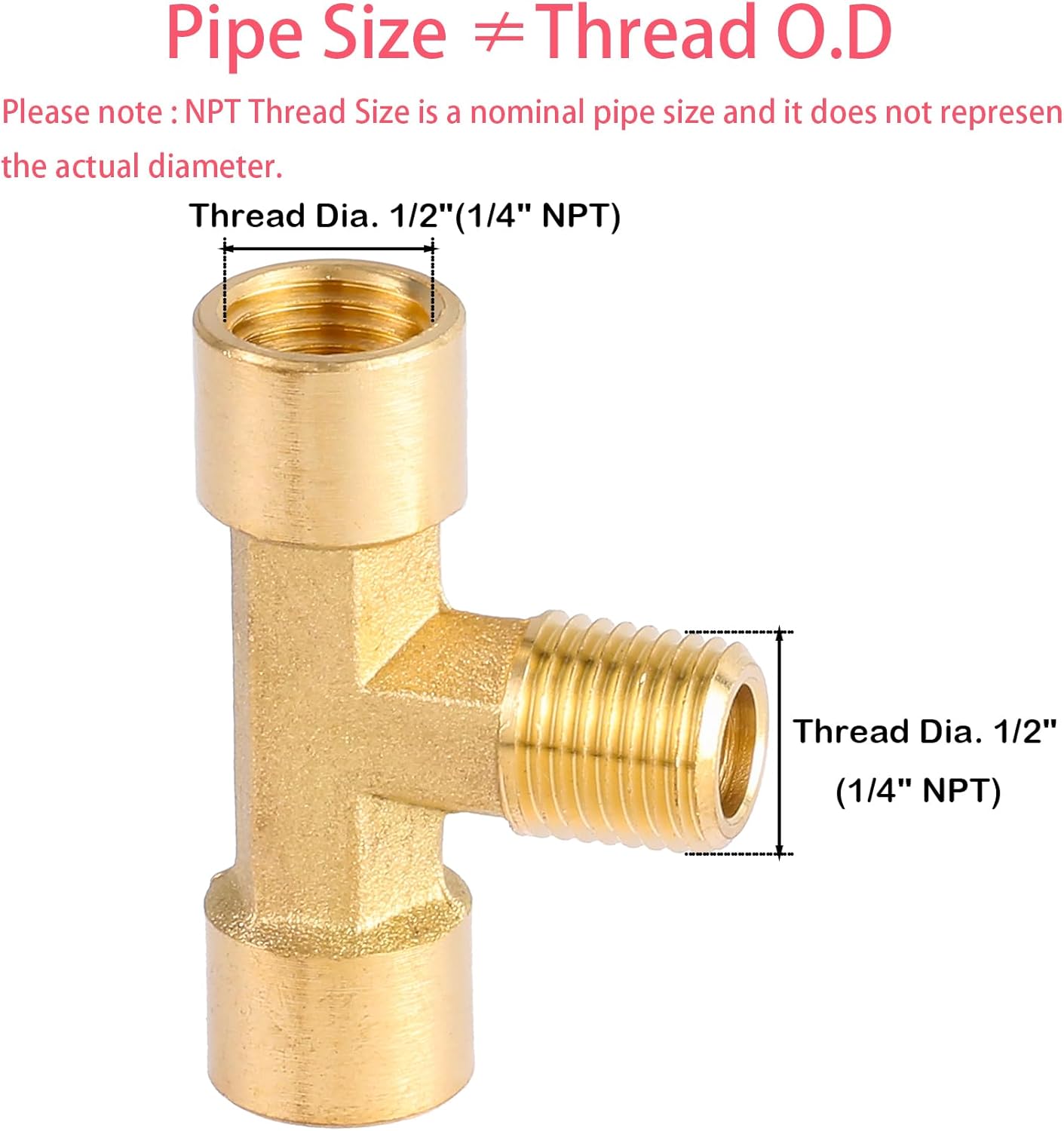 2 Pack 1/4" NPT Brass Tee Pipe Fitting,T Shape Connectors,1/4" NPT Female x 1/4" NPT Female x 1/4" NPT Male Pipe Fitting