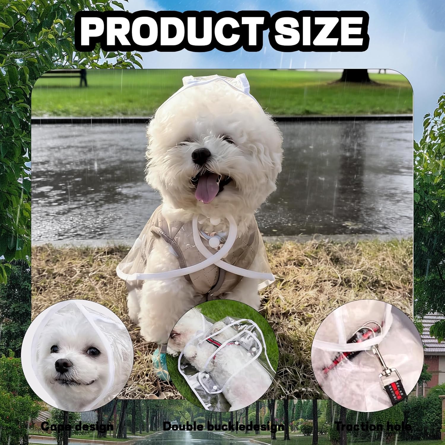 Clear Dog Rain Poncho for Small Medium Dogs - Heavy Waterproof Raincoat with Hidden Leash Hole & Adjustable Snaps - Transparent, Pet Hooded Cape for Bichon Poodle 4-8lbs