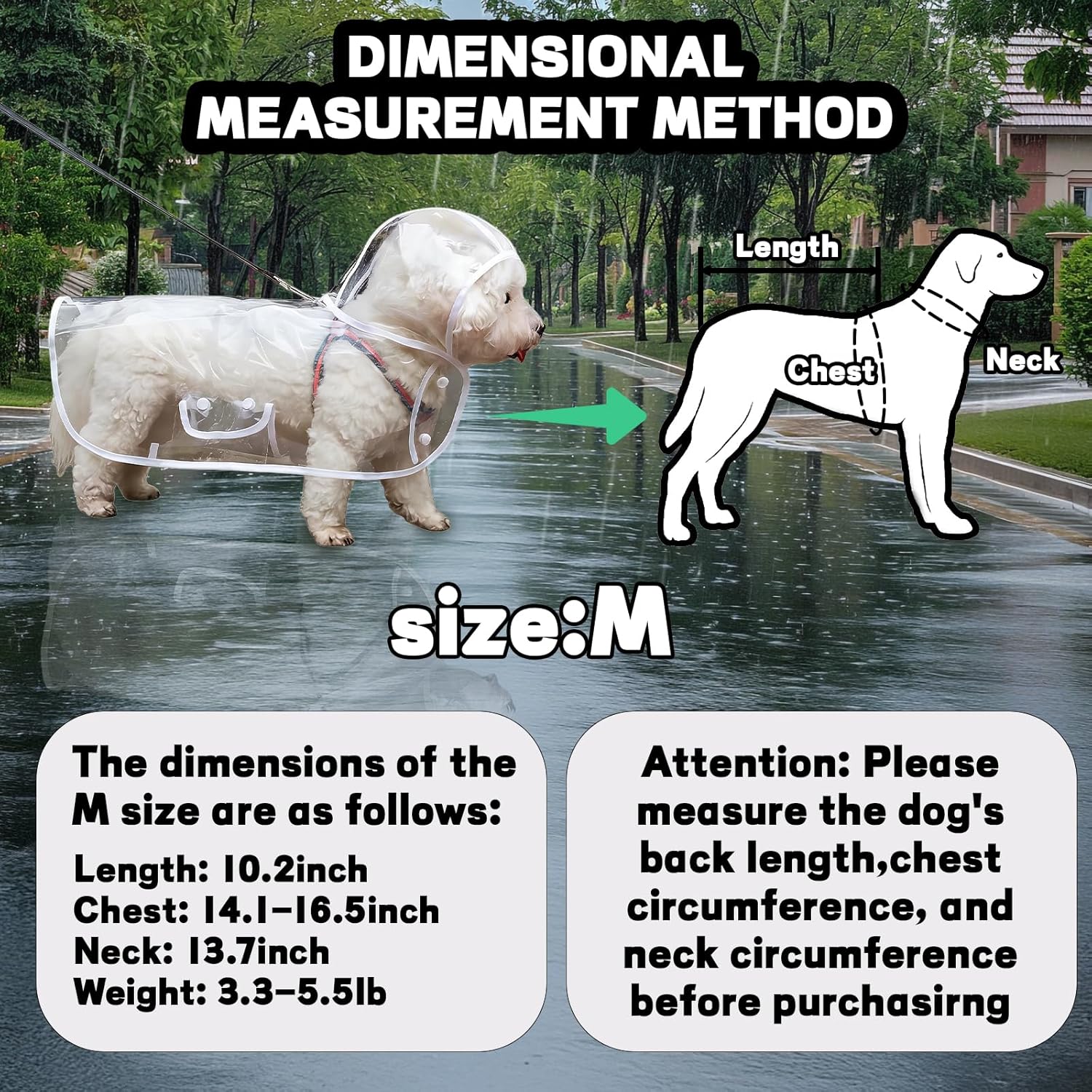 Clear Dog Rain Poncho for Small Medium Dogs - Heavy Waterproof Raincoat with Hidden Leash Hole & Adjustable Snaps - Transparent, Pet Hooded Cape for Bichon Poodle 4-8lbs