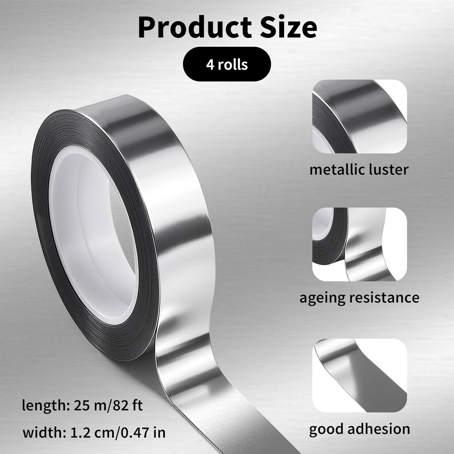 4 Rolls/110 Yard Metallic Mirror Tape - Silver 1/2'' Decorative Tapes - Self Adhesive Polyester Film Decor Tapes - DIY Graphic Art Tape - Wall Decor TV Frame Crafts Gift Box Wrapping