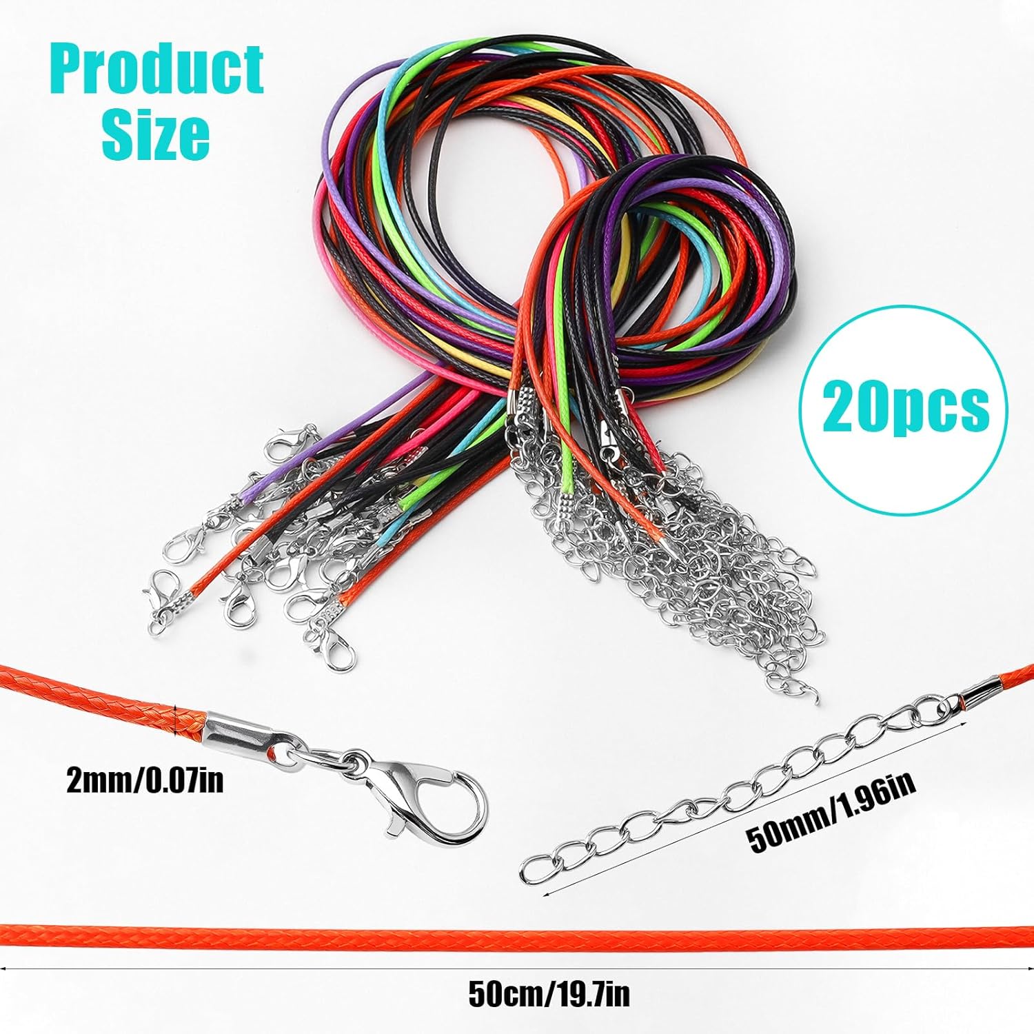 20Pcs Leather Necklace Cord with Clasps, Black & Multicolor Rope Necklace String, Necklace Cords for Pendants, 19.7" Necklace Chains for Jewelry Making Supplies, 1.5mm Waxed Necklace Bracelet Cord