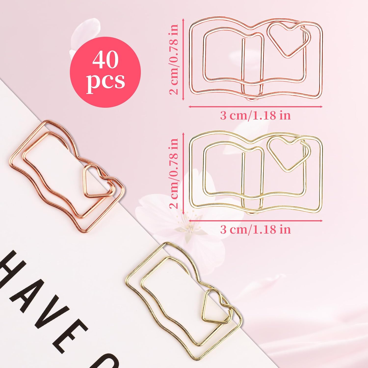 40-Pack Book-Shaped Paper Clips - Rose Gold & Gold Decorative Planner Clips Paperclips 1.18" for Office, School, Wedding, Journals - Cute Bookmark Clips for Gifts & Stationery Supplies