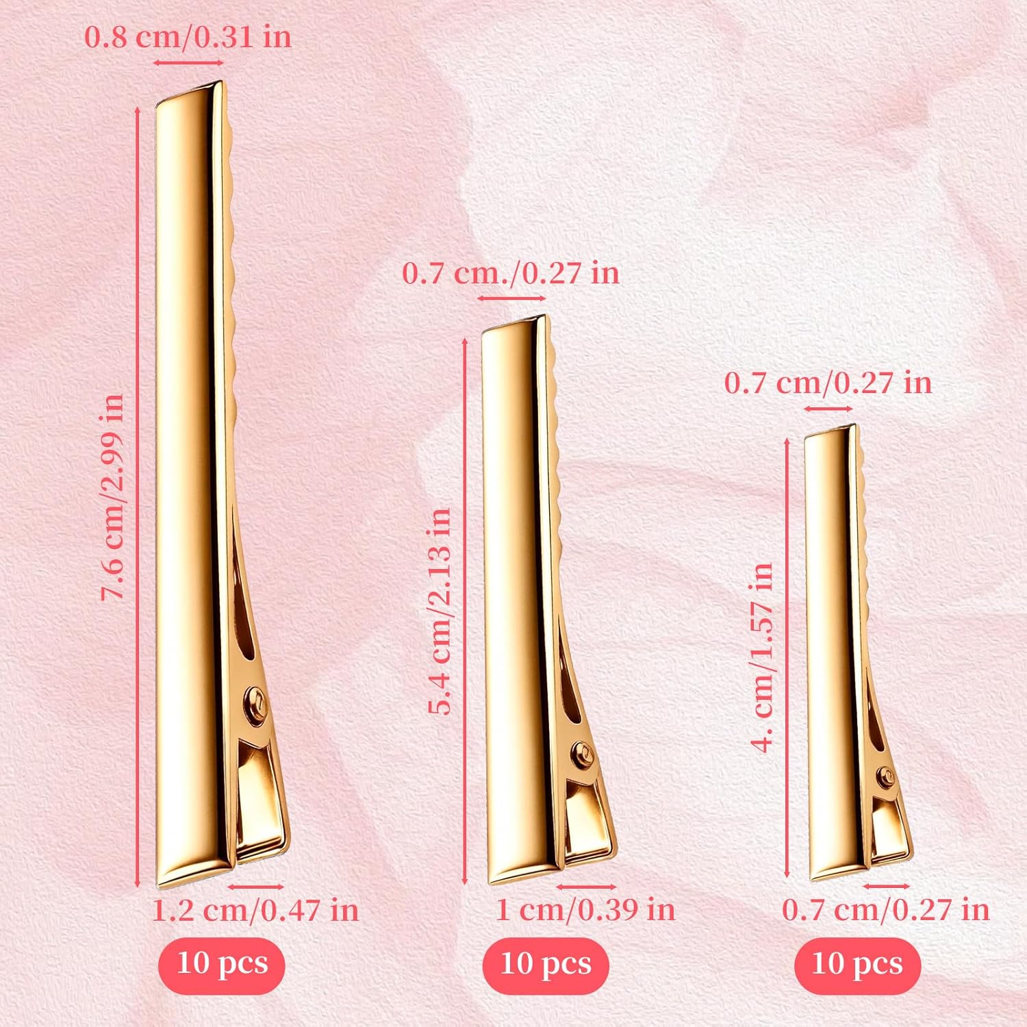30-Pack Alligator Hair Clips - 3 Sizes 3" 2.2" 1.8" Large Metal Golden Hair Clips for Bow Making, Crafts, Salon Styling - Strong Hold Single Prong Hair Grip for Women & Girls Hairdresser