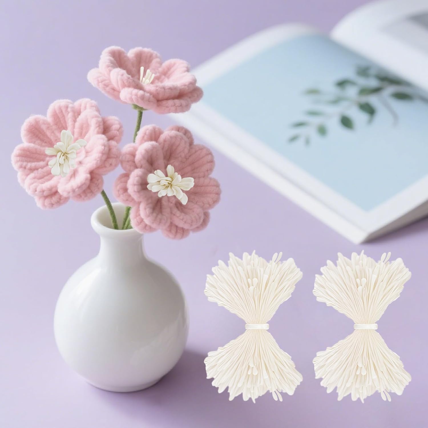 350Pcs 3mm White Matte Double Heads Flower Stamen Pistil for Flower Making Scrapbook Decoration Handmade Artificial Flower Pistil Matt-Like Floral Stamens for DIY Card Making Decor