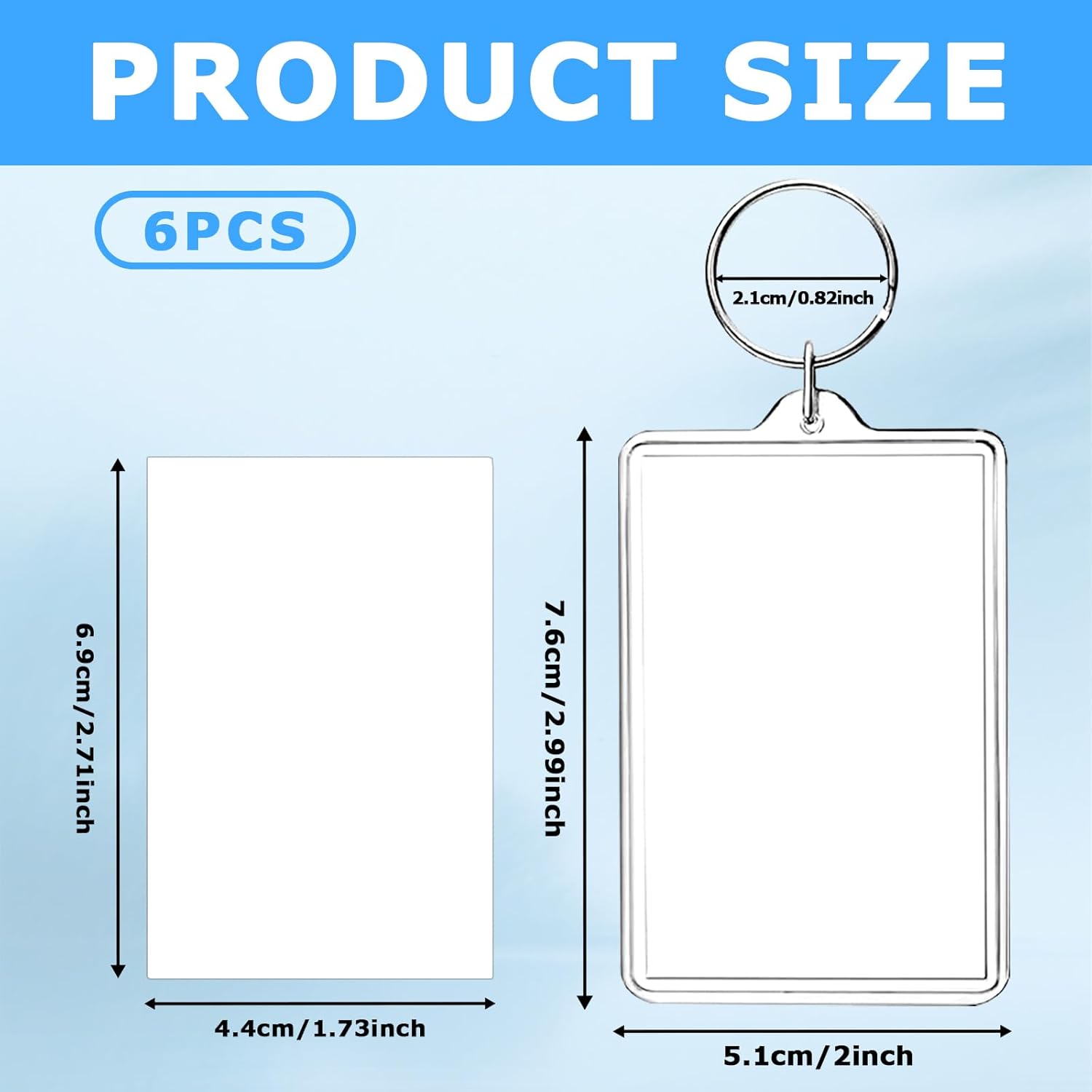 6-Pack Photo Keychain -2.75''x 1.97'' Acrylic Clear Keyrings Picture Frame Keychains - Double Sided Blank Photo Key Fob Holder with Split Ring for DIY Personalised Photo Gift