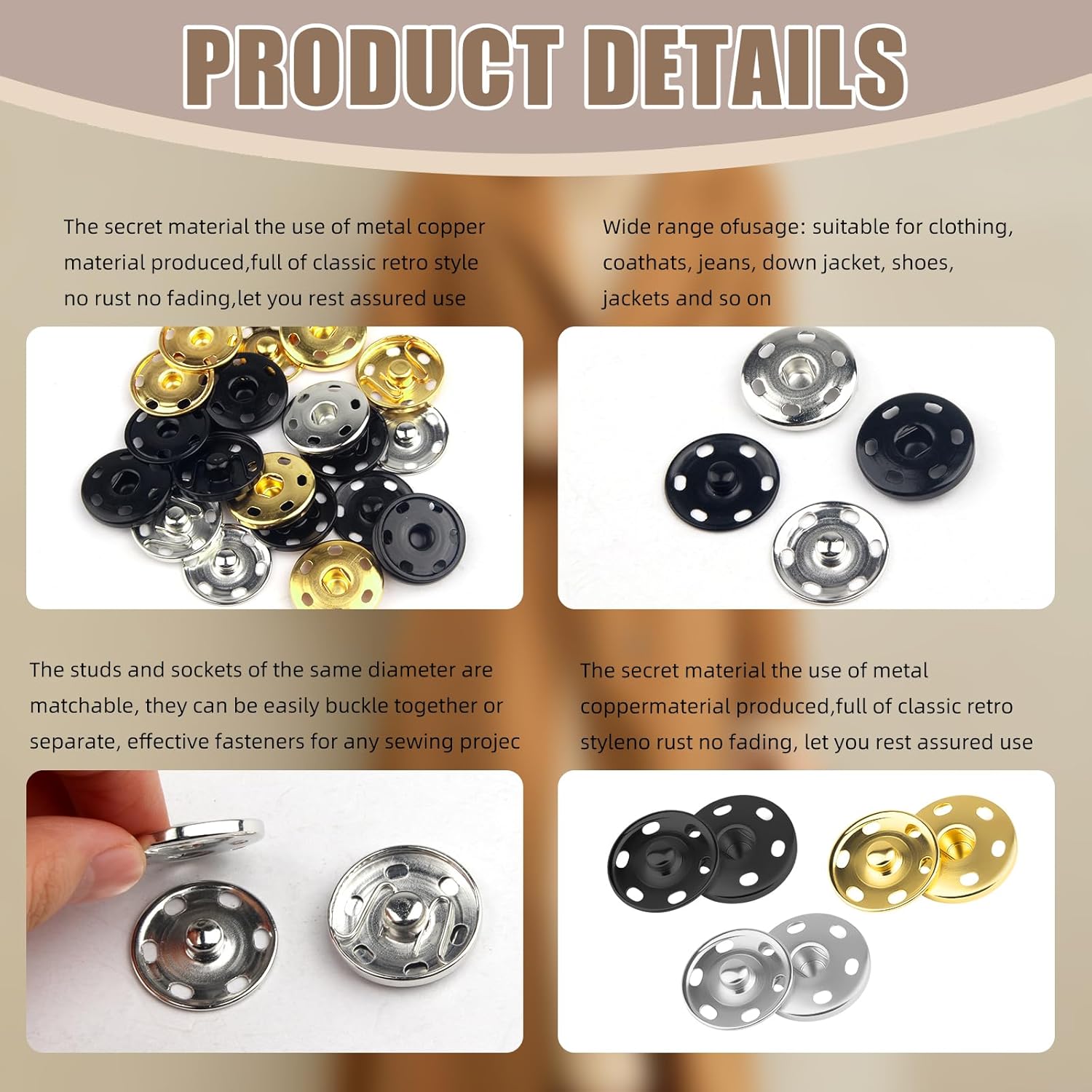 1Inch/25mm Large Sew on Snap Buttons 24Set Sew-on Snaps Sewing Snaps for Fabric, Metal Snaps Fasteners Press Studs Buttons for Sewing Clothing,3 Colors