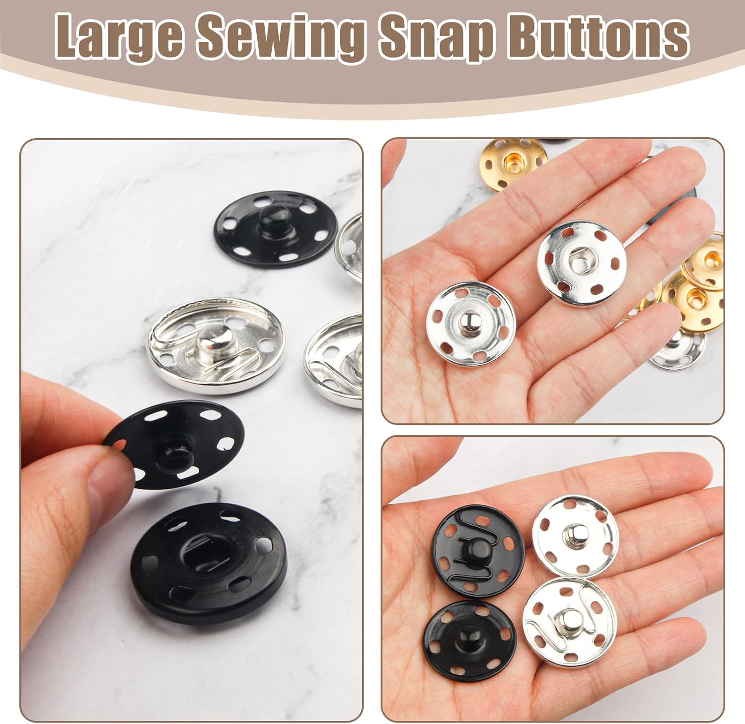 1Inch/25mm Large Sew on Snap Buttons 24Set Sew-on Snaps Sewing Snaps for Fabric, Metal Snaps Fasteners Press Studs Buttons for Sewing Clothing,3 Colors