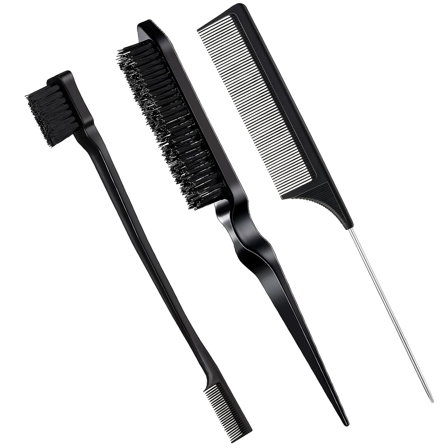 3 Pcs Slick Back Hair Brush Set Bristle Brush Edge Control Teasing Comb for Women Black Hair Black