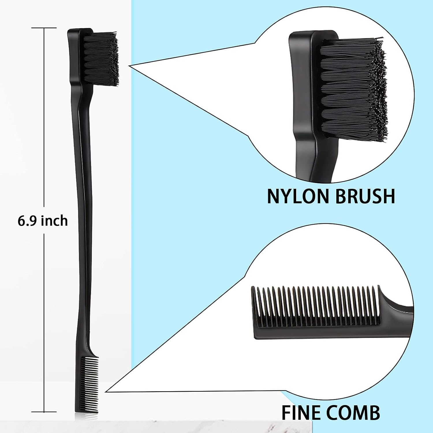 3 Pcs Slick Back Hair Brush Set Bristle Brush Edge Control Teasing Comb for Women Black Hair Black