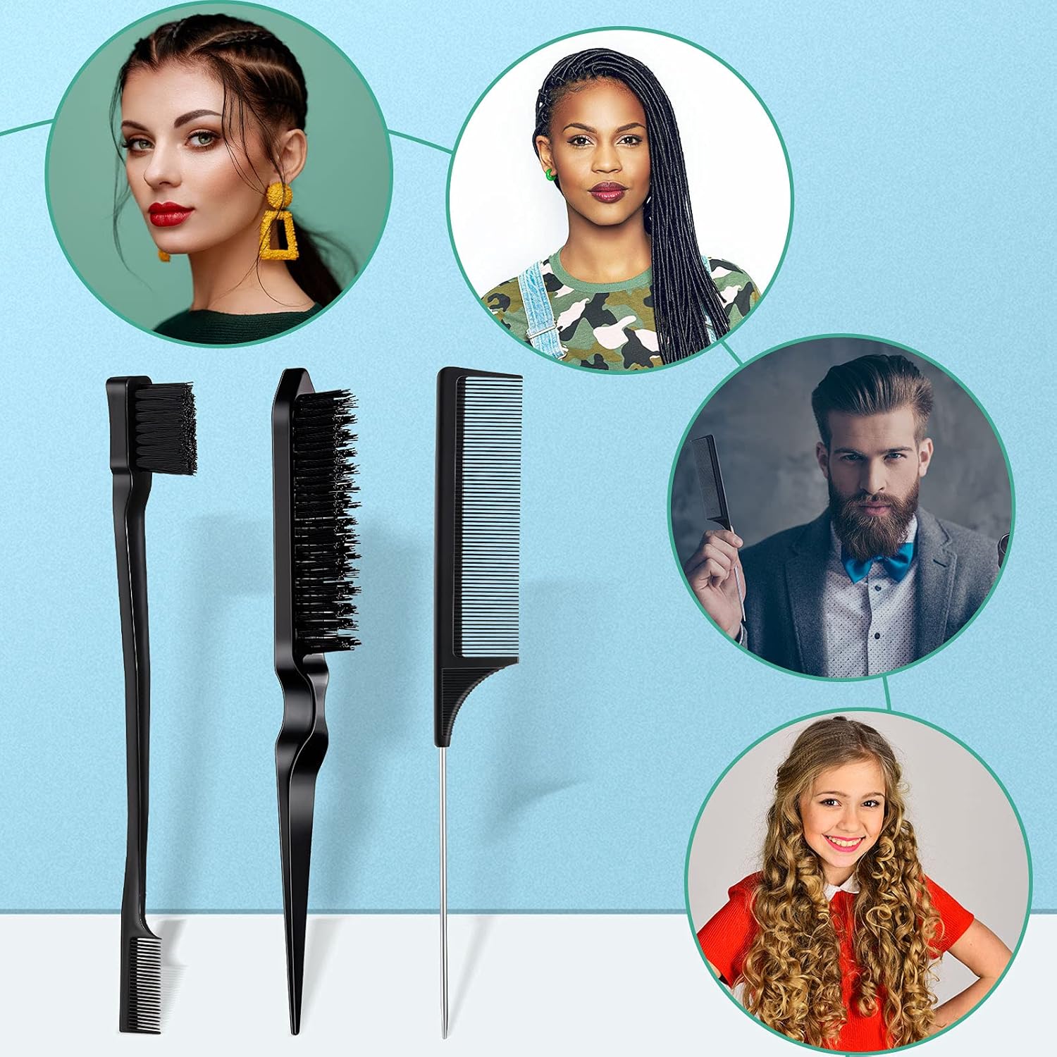 3 Pcs Slick Back Hair Brush Set Bristle Brush Edge Control Teasing Comb for Women Black Hair Black