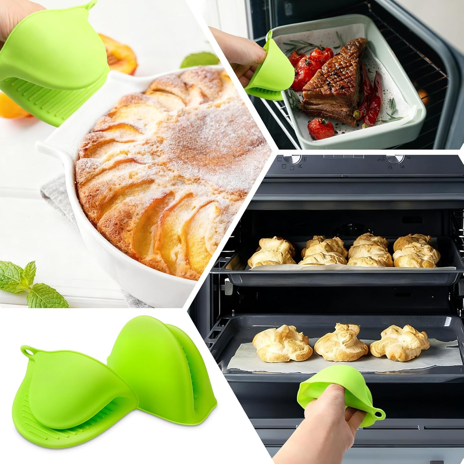 2PCS Silicone Oven Mitts - Heat Resistant Thick Potholders for Kitchen - Non-Slip Rubber Oven Glove Kitchen Mittens - Cute Pot Holders for Grill, Pizza Stone, Air Fryer, Dishwasher Safe Green