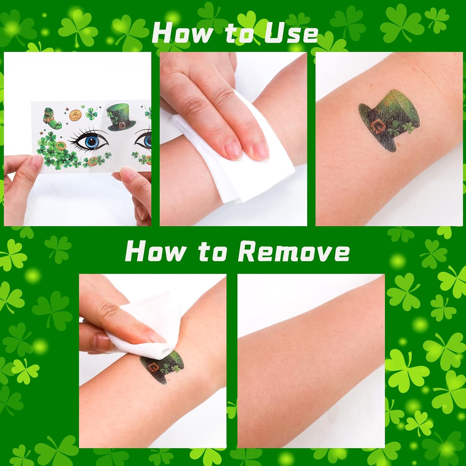 Ceiba Tree St. Patrick's Day Face Stickers Temporary Tattoos 10 Sheets Saint Patrick's Day Irish Shamrock Clover Make up Accessories for Women Kids Party Favors Decorations