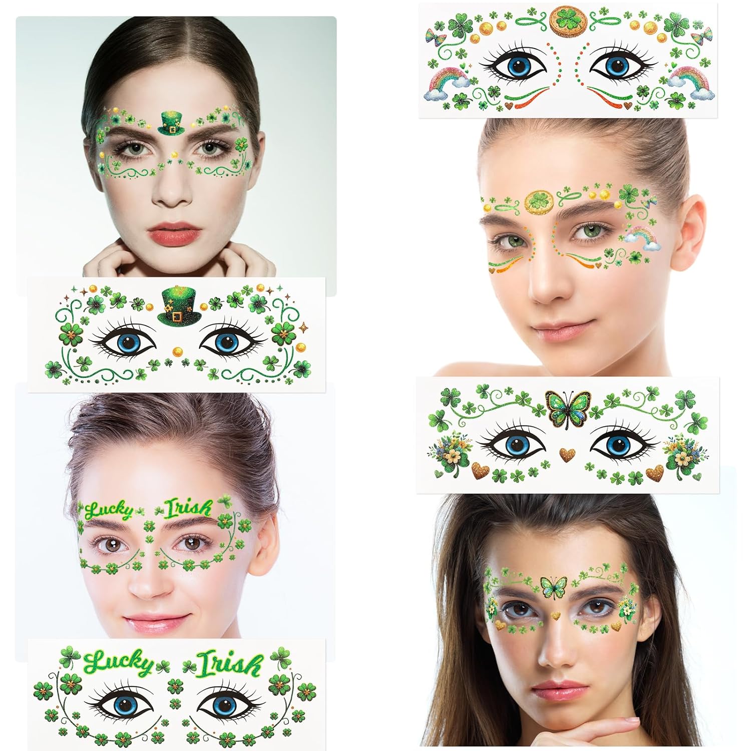 Ceiba Tree St. Patrick's Day Face Stickers Temporary Tattoos 10 Sheets Saint Patrick's Day Irish Shamrock Clover Make up Accessories for Women Kids Party Favors Decorations