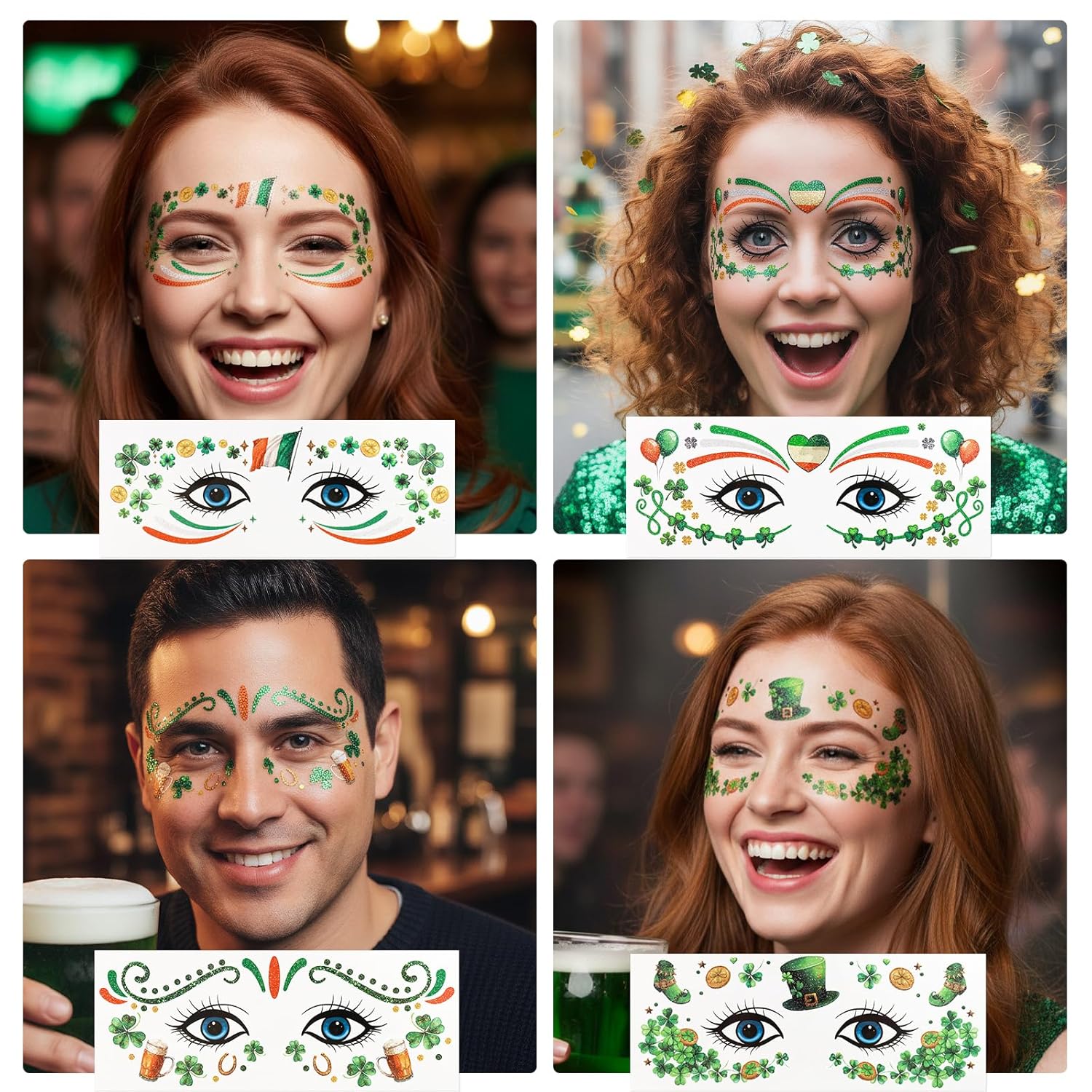 Ceiba Tree St. Patrick's Day Face Stickers Temporary Tattoos 10 Sheets Saint Patrick's Day Irish Shamrock Clover Make up Accessories for Women Kids Party Favors Decorations