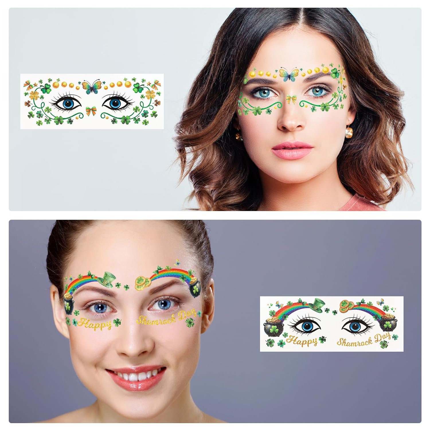 Ceiba Tree St. Patrick's Day Face Stickers Temporary Tattoos 10 Sheets Saint Patrick's Day Irish Shamrock Clover Make up Accessories for Women Kids Party Favors Decorations