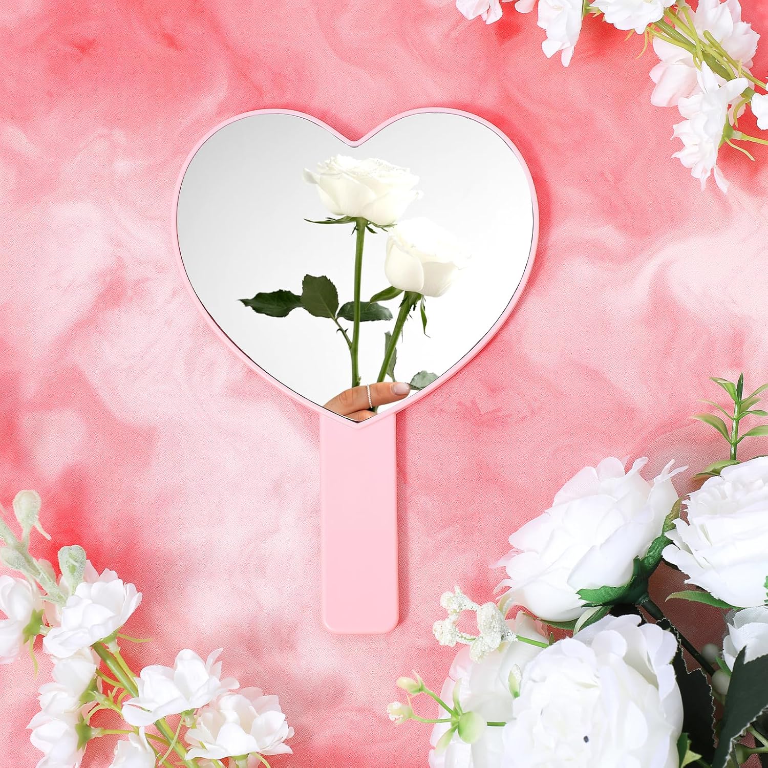 Heart Shaped Small Handheld Mirror,Handheld Eyelash Mirror Cosmetic Hand Mirrors with Handle for Portable Travel for Women Girls Pink