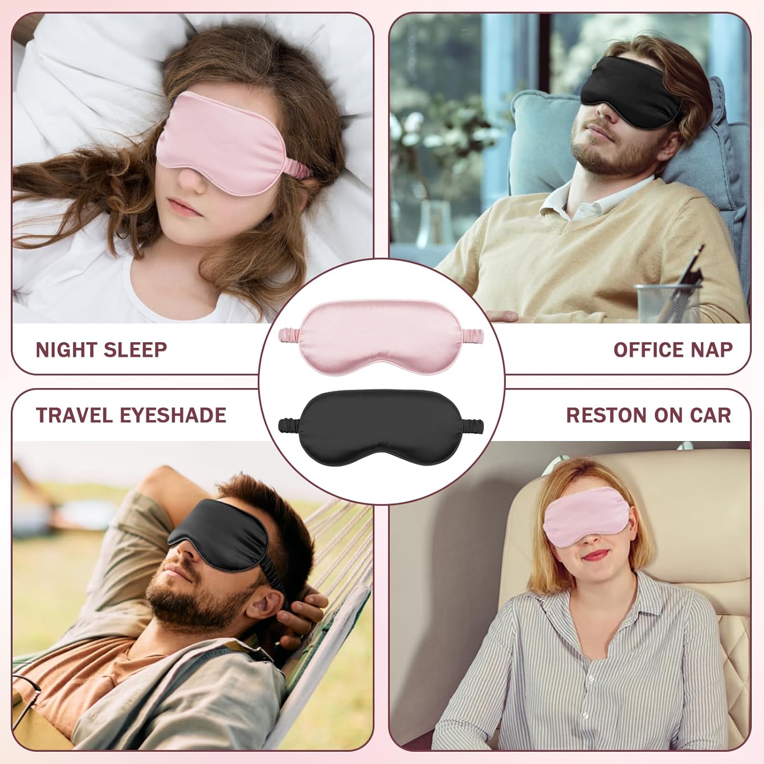Silk Sleep Mask Set of 2, Adjustable Silk Eye Mask for Sleeping, Soft Sleeping Eye Shade Cover for Women, Good for Blocking Light, Reducing Puffiness, Enhancing Sleep Quality Pink & Black
