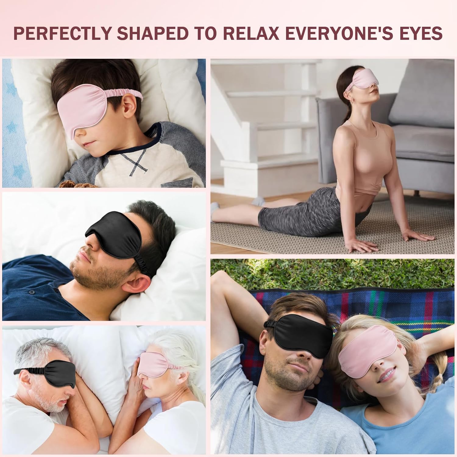 Silk Sleep Mask Set of 2, Adjustable Silk Eye Mask for Sleeping, Soft Sleeping Eye Shade Cover for Women, Good for Blocking Light, Reducing Puffiness, Enhancing Sleep Quality Pink & Black