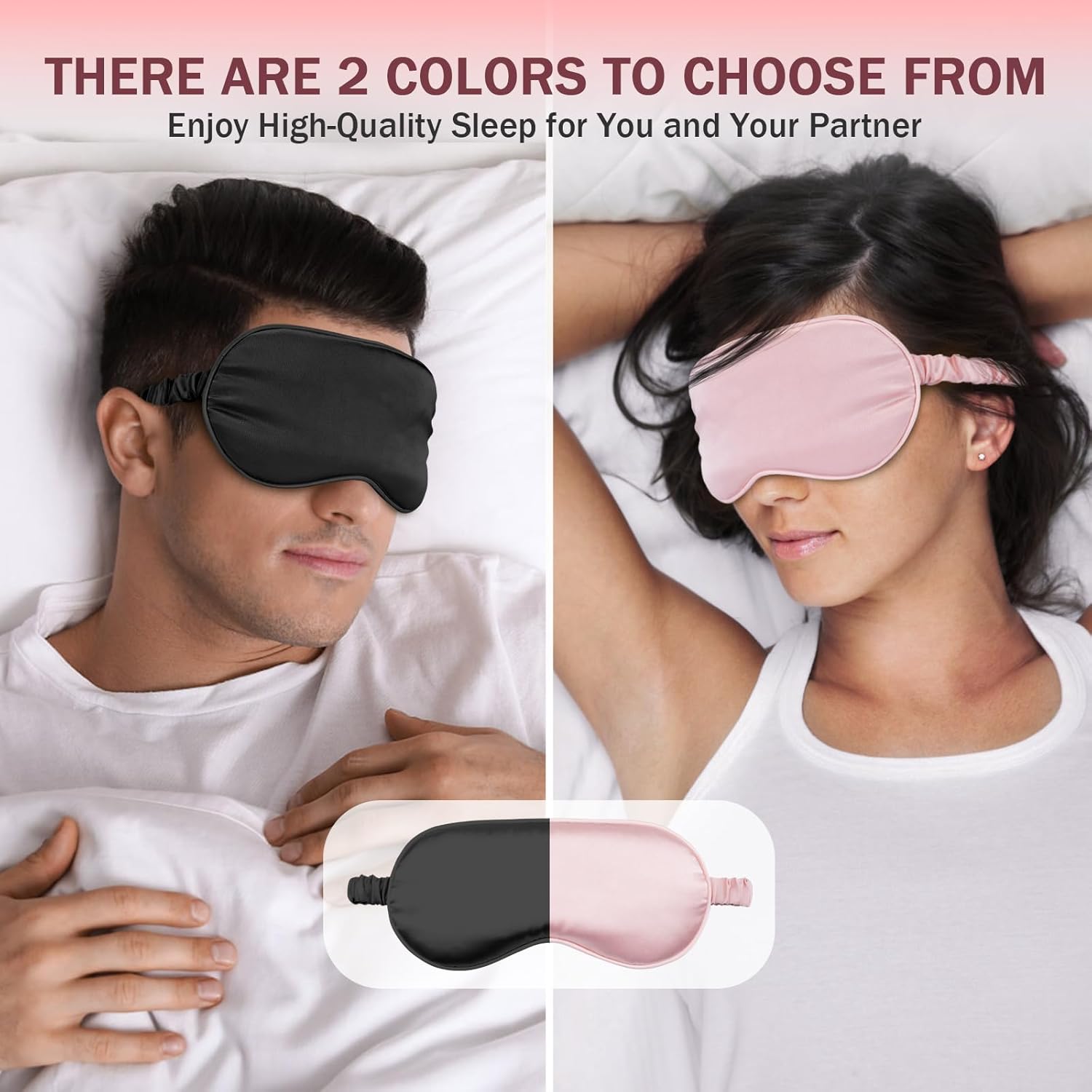 Silk Sleep Mask Set of 2, Adjustable Silk Eye Mask for Sleeping, Soft Sleeping Eye Shade Cover for Women, Good for Blocking Light, Reducing Puffiness, Enhancing Sleep Quality Pink & Black