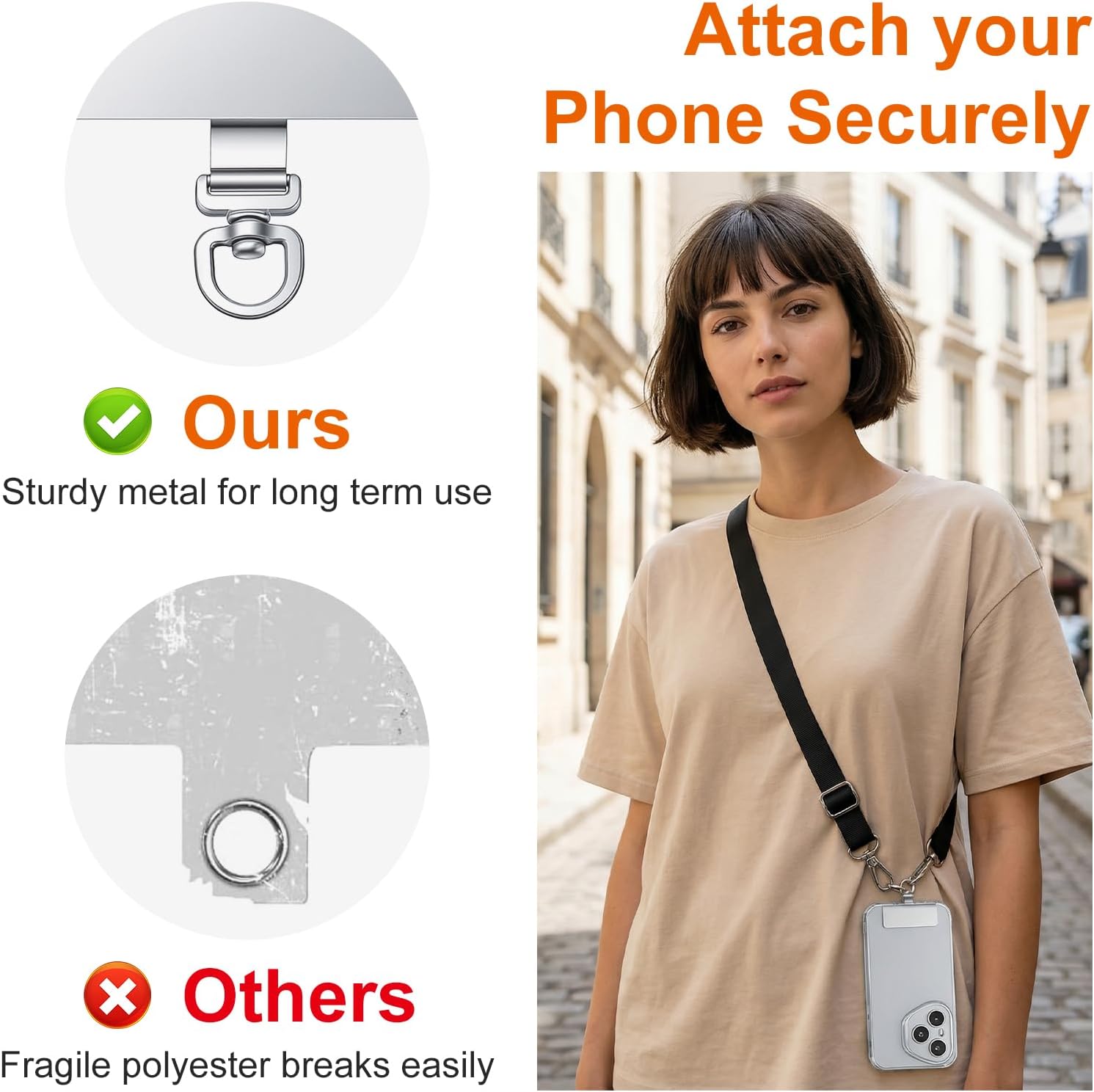 2PCS Rotatable 360° Phone Tether Tab, Stainless Steel Phone Lanyard Tab Rectangle Tether Tabs for Most Full Coverage Cases, Universal Cellphone Wrist Crossbody Strap Silver
