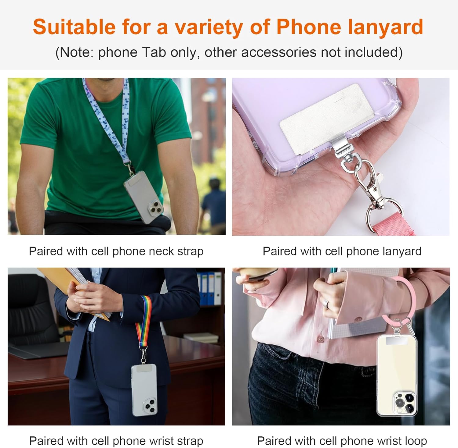 2PCS Rotatable 360° Phone Tether Tab, Stainless Steel Phone Lanyard Tab Rectangle Tether Tabs for Most Full Coverage Cases, Universal Cellphone Wrist Crossbody Strap Silver
