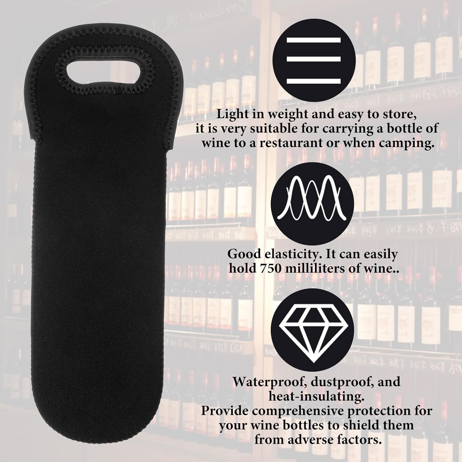 Neoprene Wine Bottle Carrier, Insulated Tote Bag, Protective Champagne & Beer Bottle Holder for Beer Water Bottles Restaurant, Travel, Gifting Black