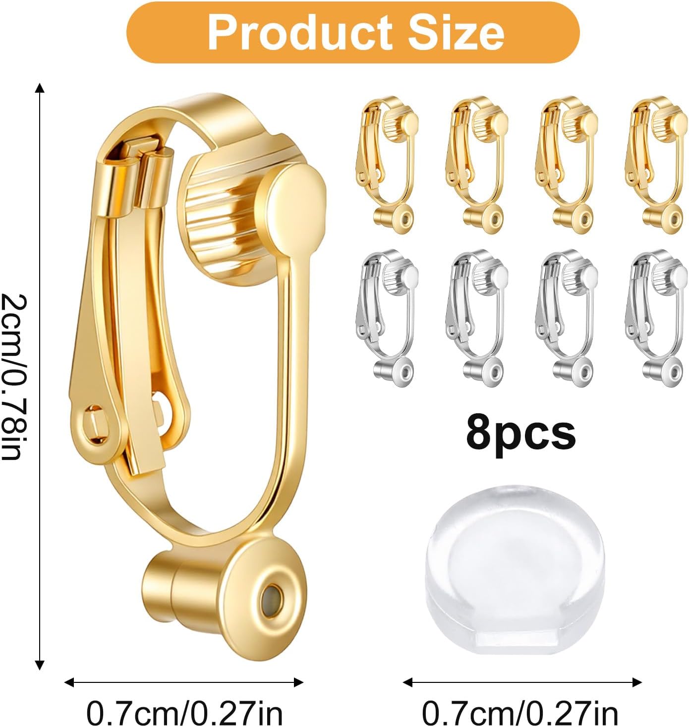 8Pcs Earring Converters Pierced to Clip on,Non-Pierced Earring Clips with 8 Silicone Pads,Convert Stud Earrings to Clip on for Non Pierced Ears Silver, Gold