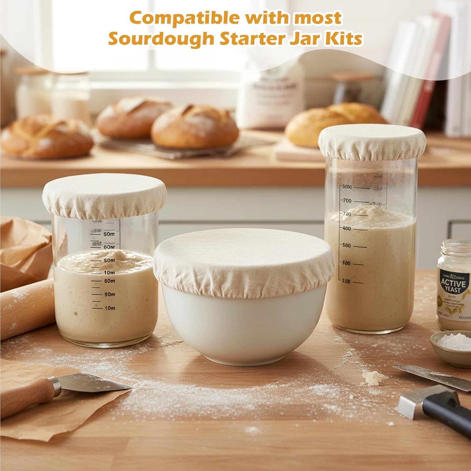 Shimmeroo 5PCS Cotton Sourdough Jar Cover, Reusable Sourdough Bread Proofing Starter Jar Cloth Covers for Most Glass Sour Dough Crock Bread Proofing Cover