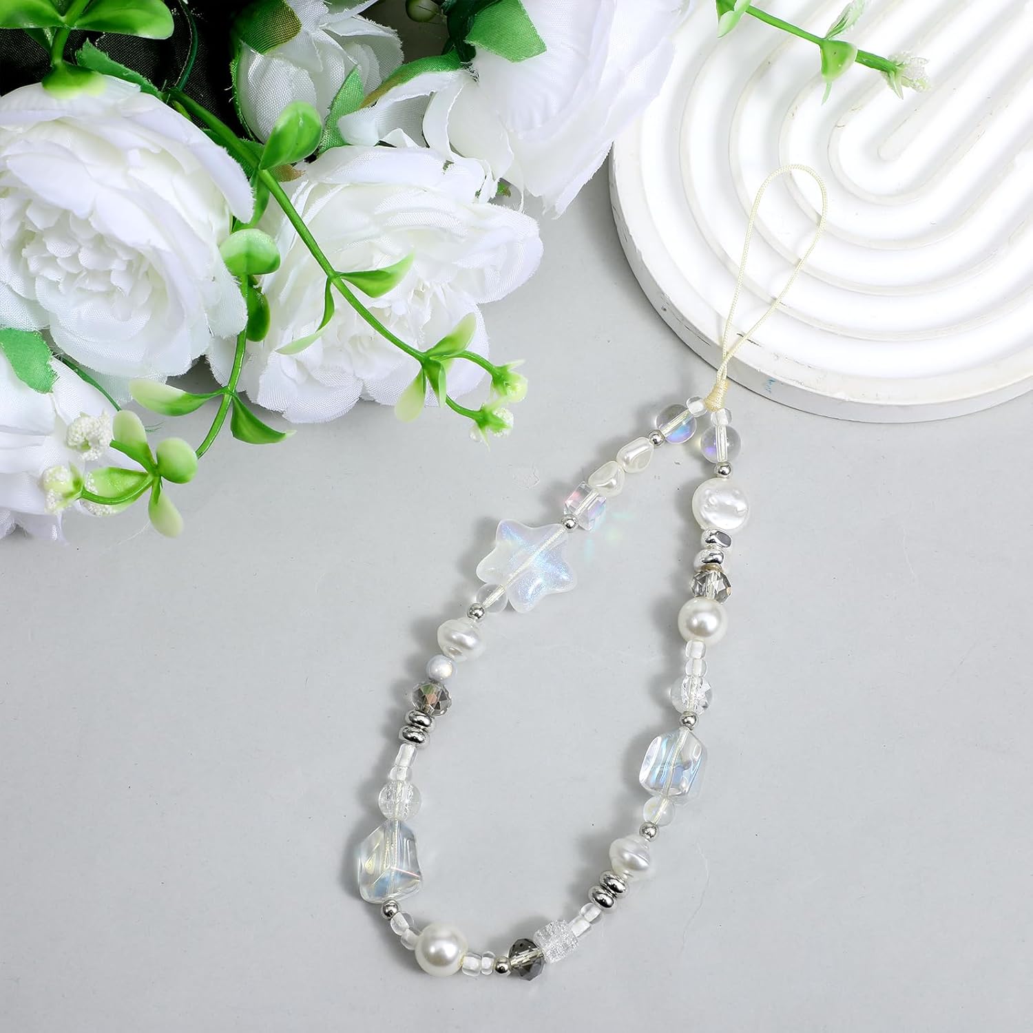 Beaded Camera Strap Wrist Cute Glass Beads Star Digital Phone Wrist Charms, Y2k Style Pearl Camera Charm Strap for Phone Case Bag Keychain Wallet Silver-White